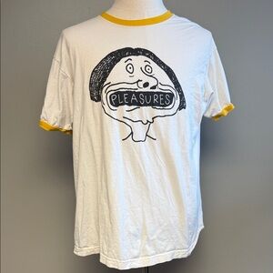 PLEASURES Graphic Ringer T-Shirt White Yellow Trim Streetwear XL
